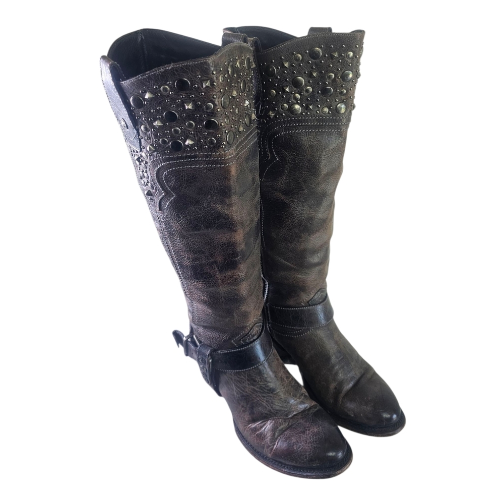 Muro Studded Tall Leather Harness Western Cowboy Boots Women’s 7